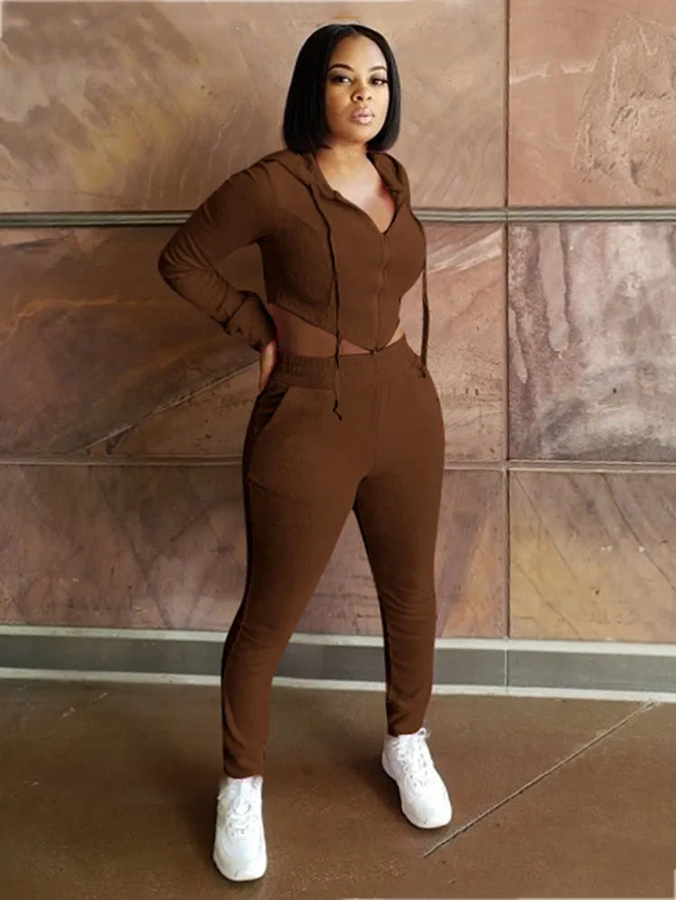 Two Piece Solid Color Zipper Hoodie  Sweatpants