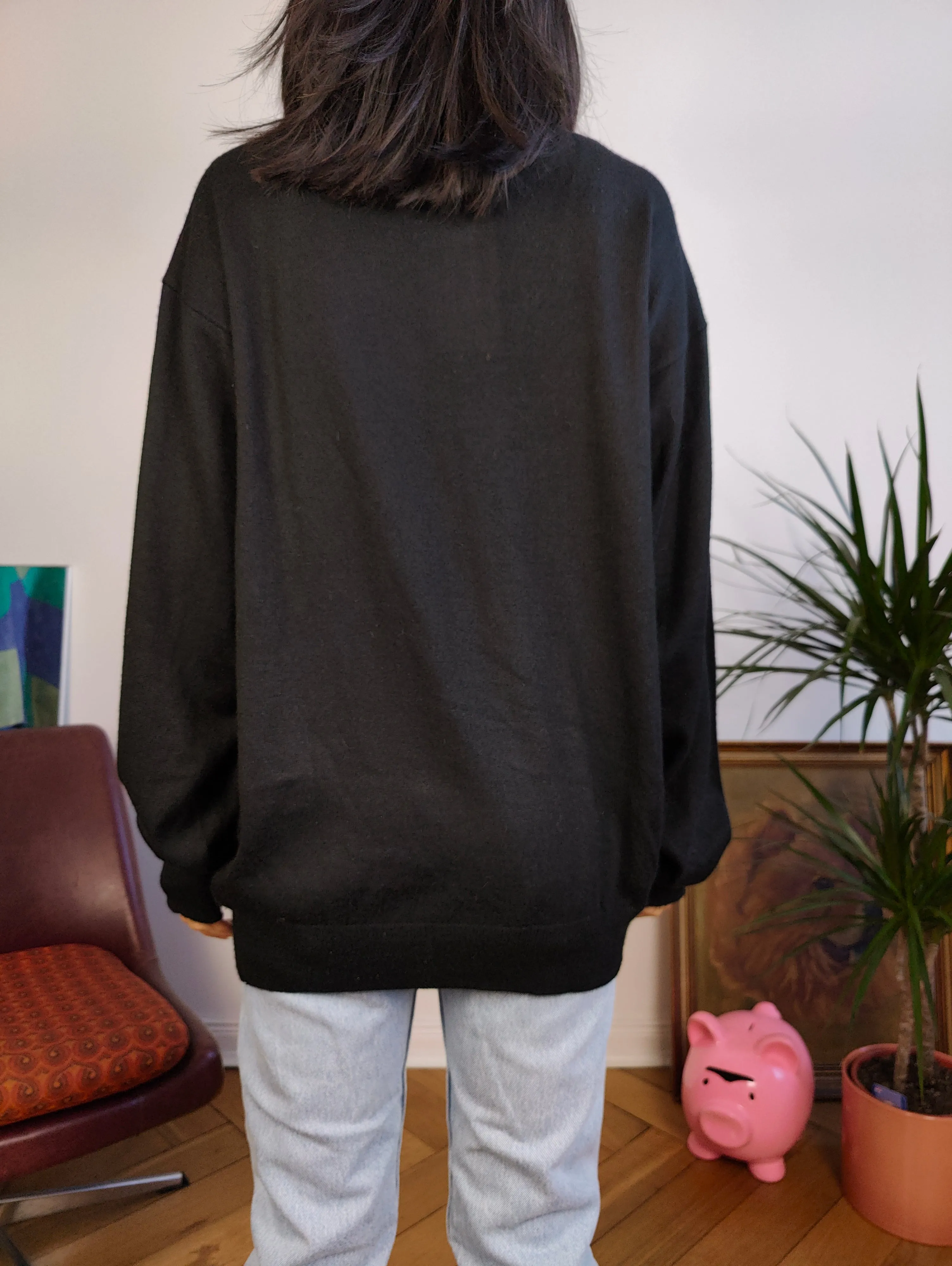 Vintage Merino wool mix knit polo sweater black plain knitted pullover jumper unisex men XL