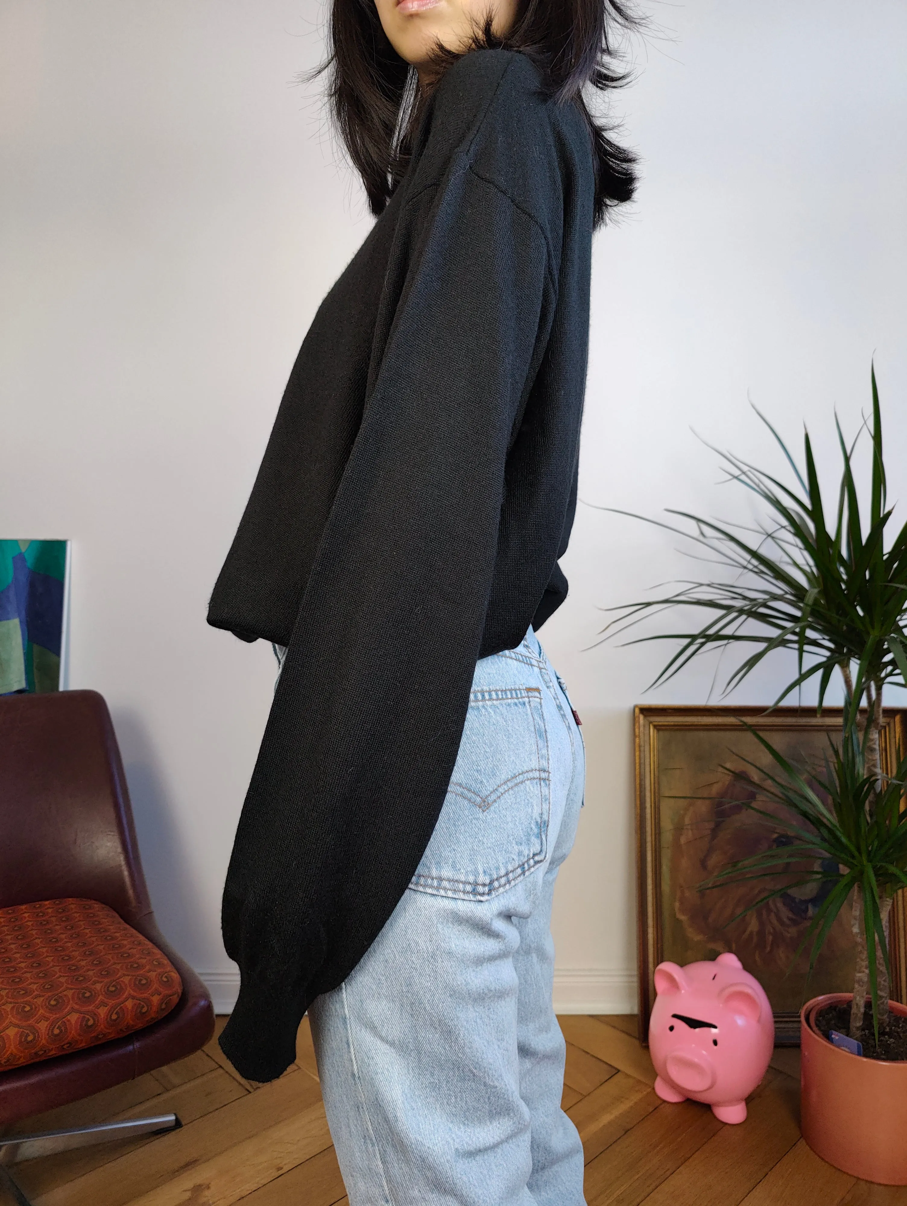 Vintage Merino wool mix knit polo sweater black plain knitted pullover jumper unisex men XL