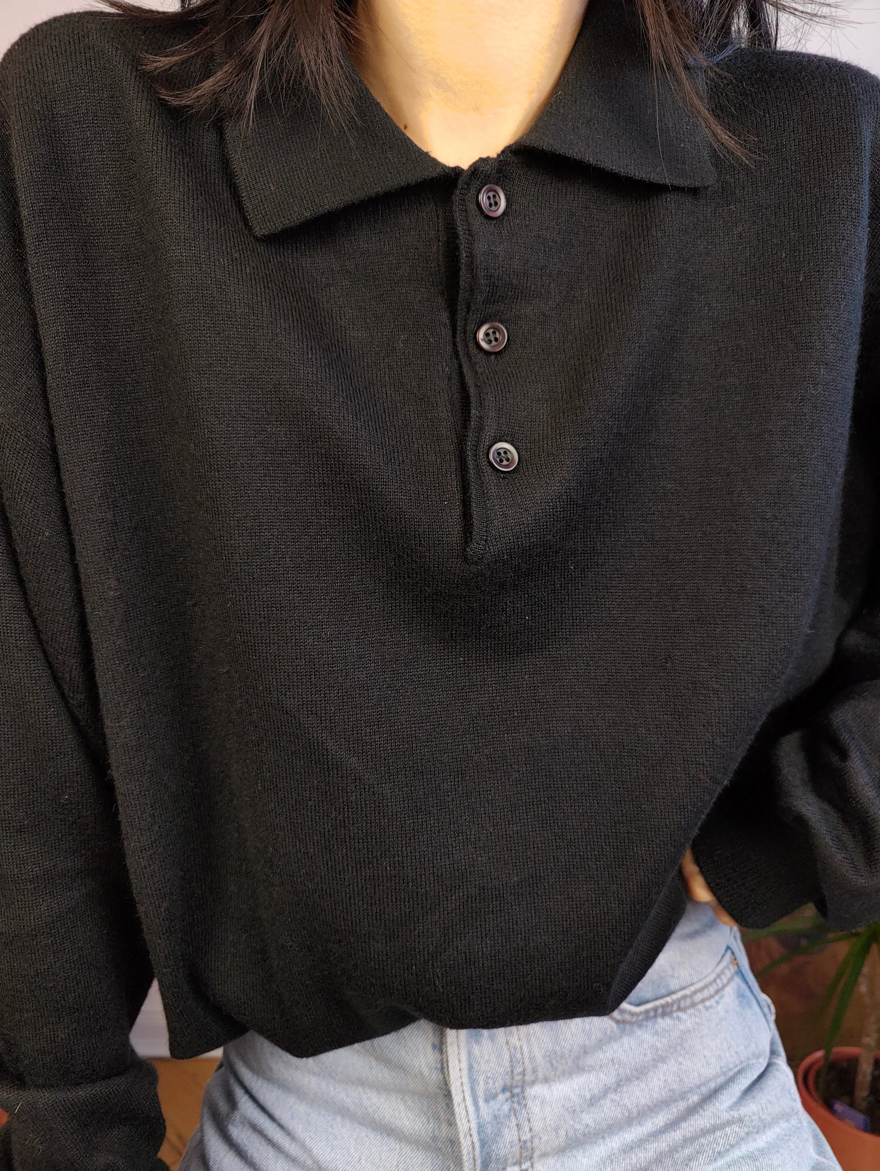 Vintage Merino wool mix knit polo sweater black plain knitted pullover jumper unisex men XL