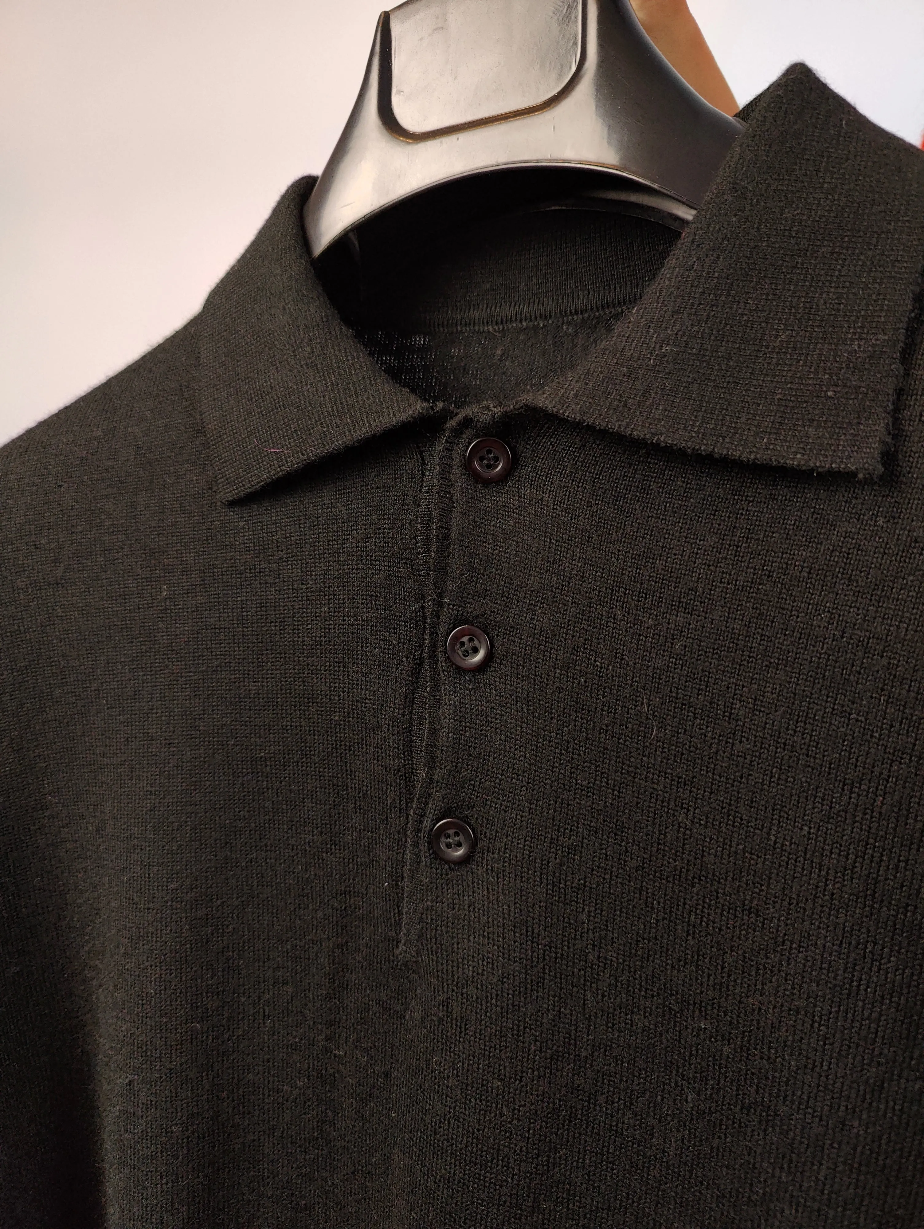 Vintage Merino wool mix knit polo sweater black plain knitted pullover jumper unisex men XL