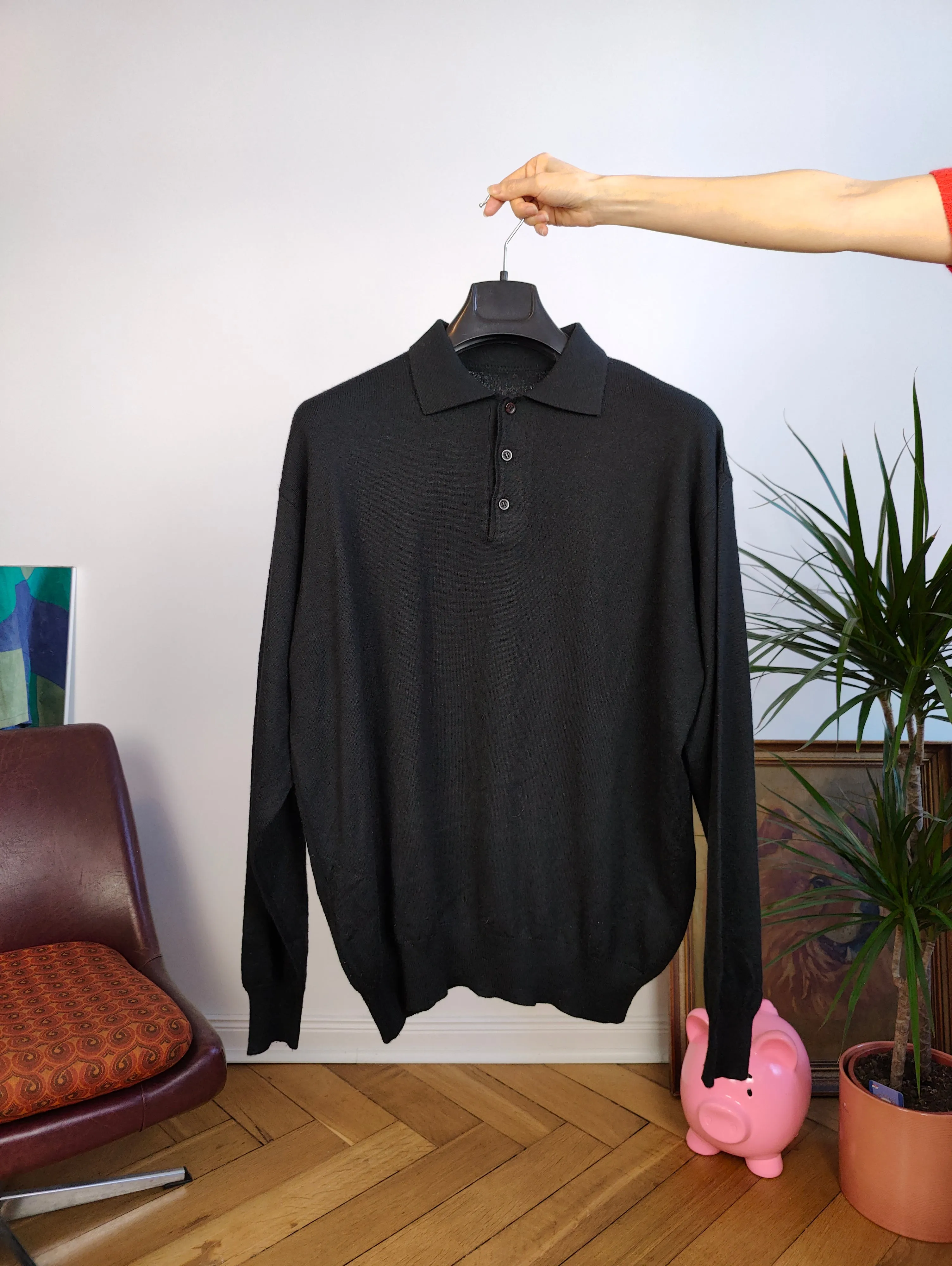 Vintage Merino wool mix knit polo sweater black plain knitted pullover jumper unisex men XL