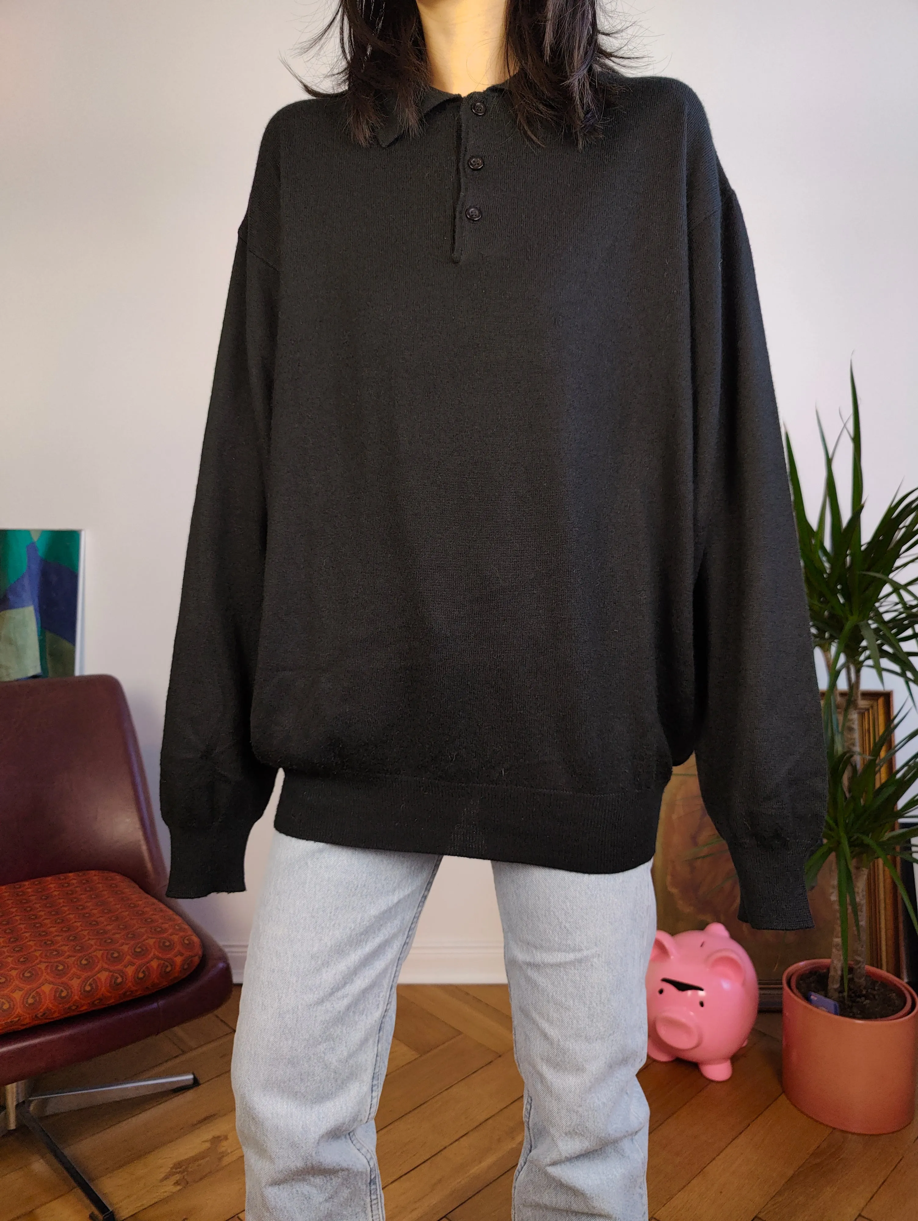 Vintage Merino wool mix knit polo sweater black plain knitted pullover jumper unisex men XL