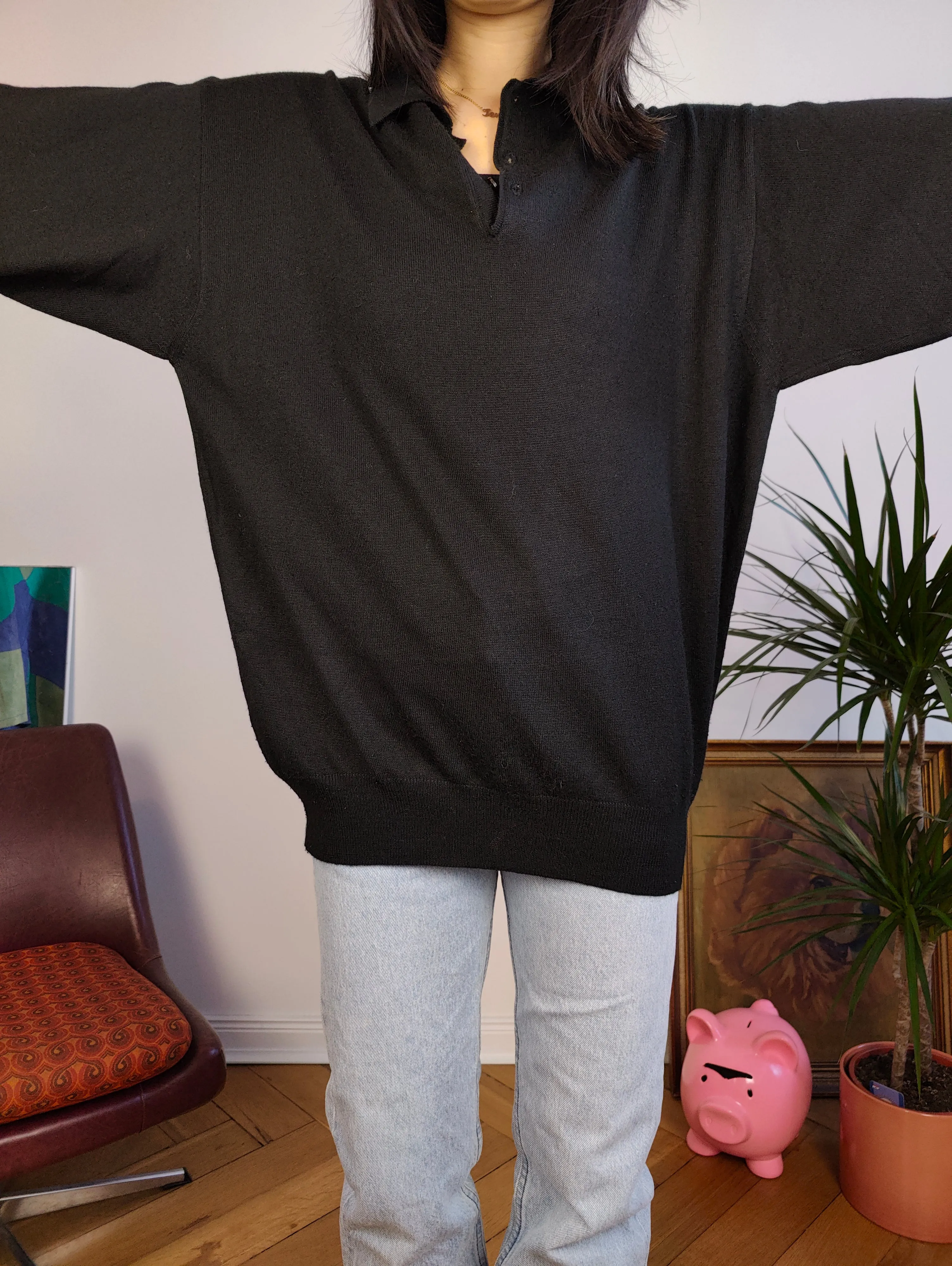 Vintage Merino wool mix knit polo sweater black plain knitted pullover jumper unisex men XL