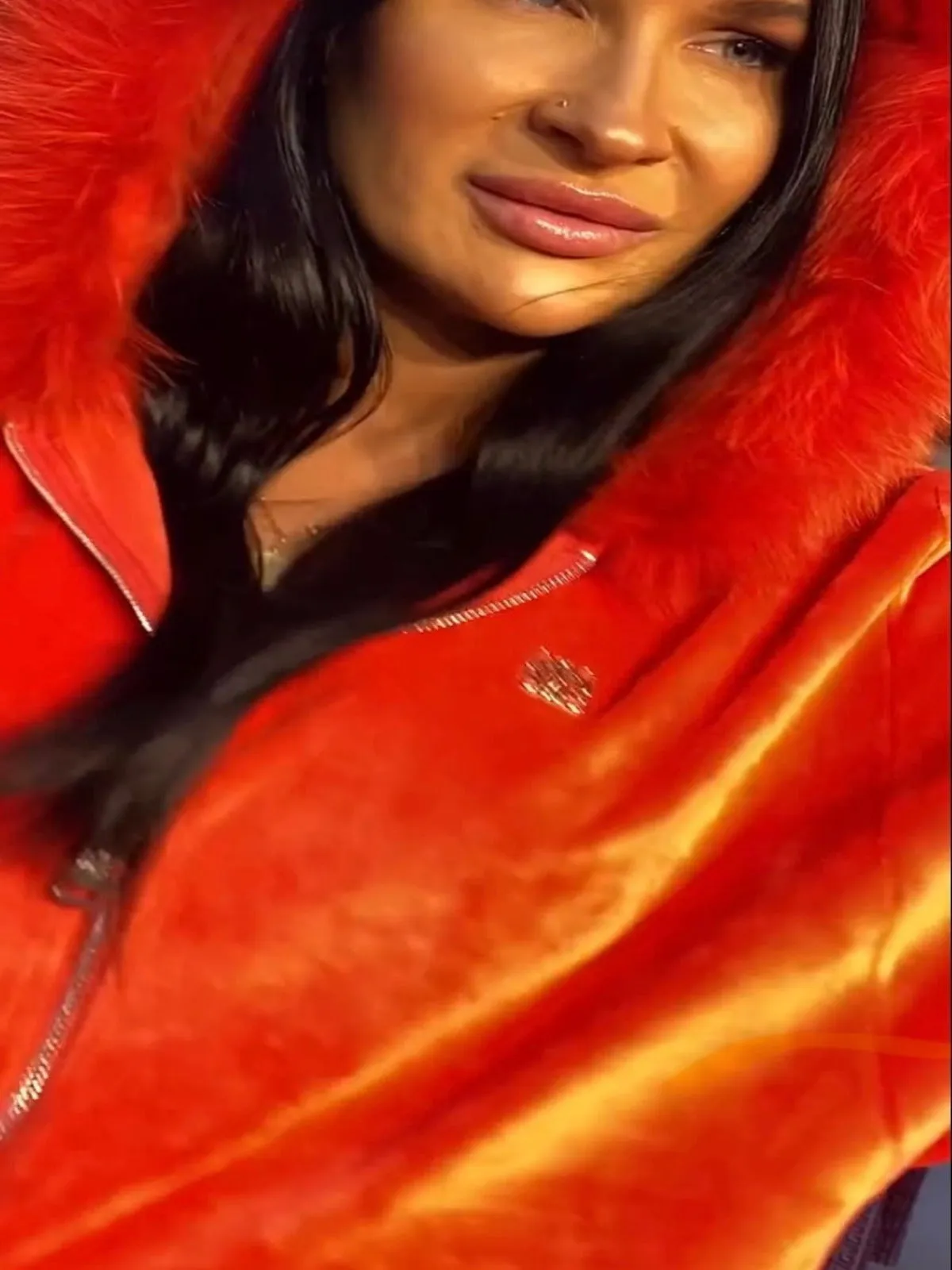 Women  Fashion Tracksuit Red royal velour with crystals and real fur on the hood. Top Quality Gorgeous Ladies 2 piece tracksuit.