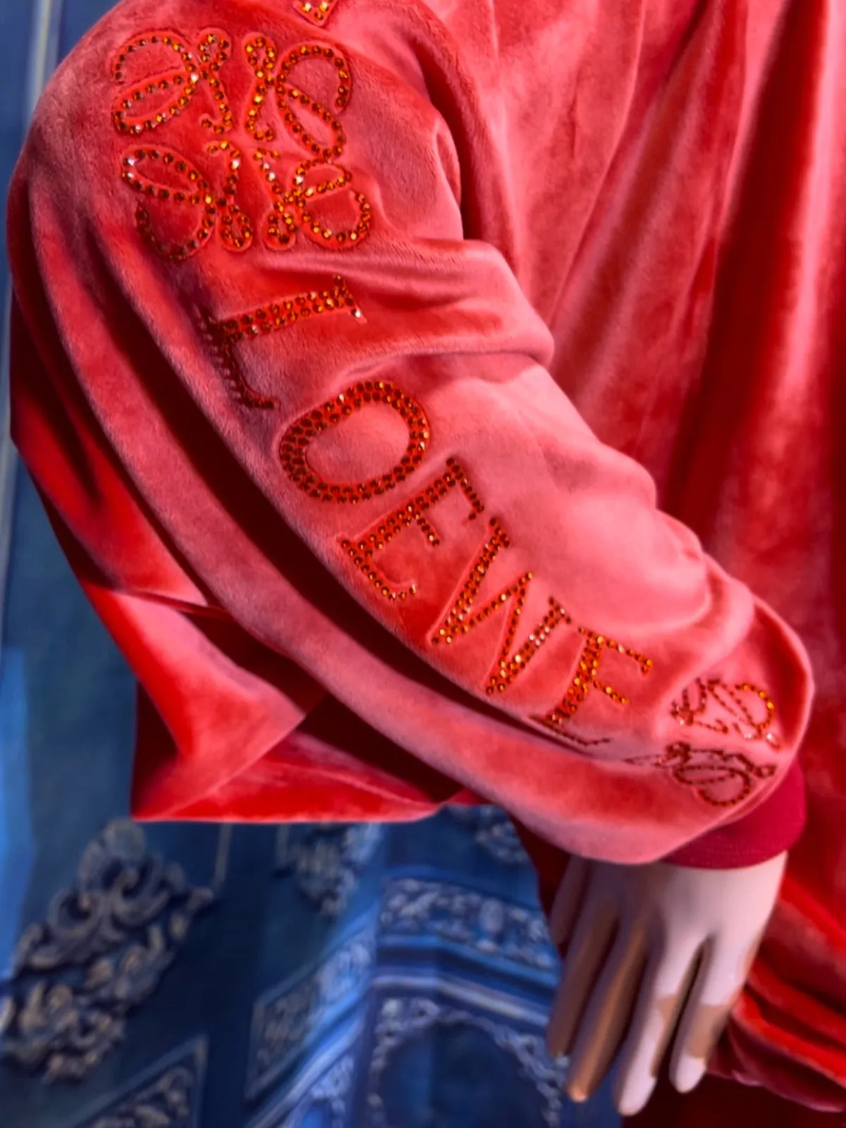 Women  Fashion Tracksuit Red royal velour with crystals and real fur on the hood. Top Quality Gorgeous Ladies 2 piece tracksuit.