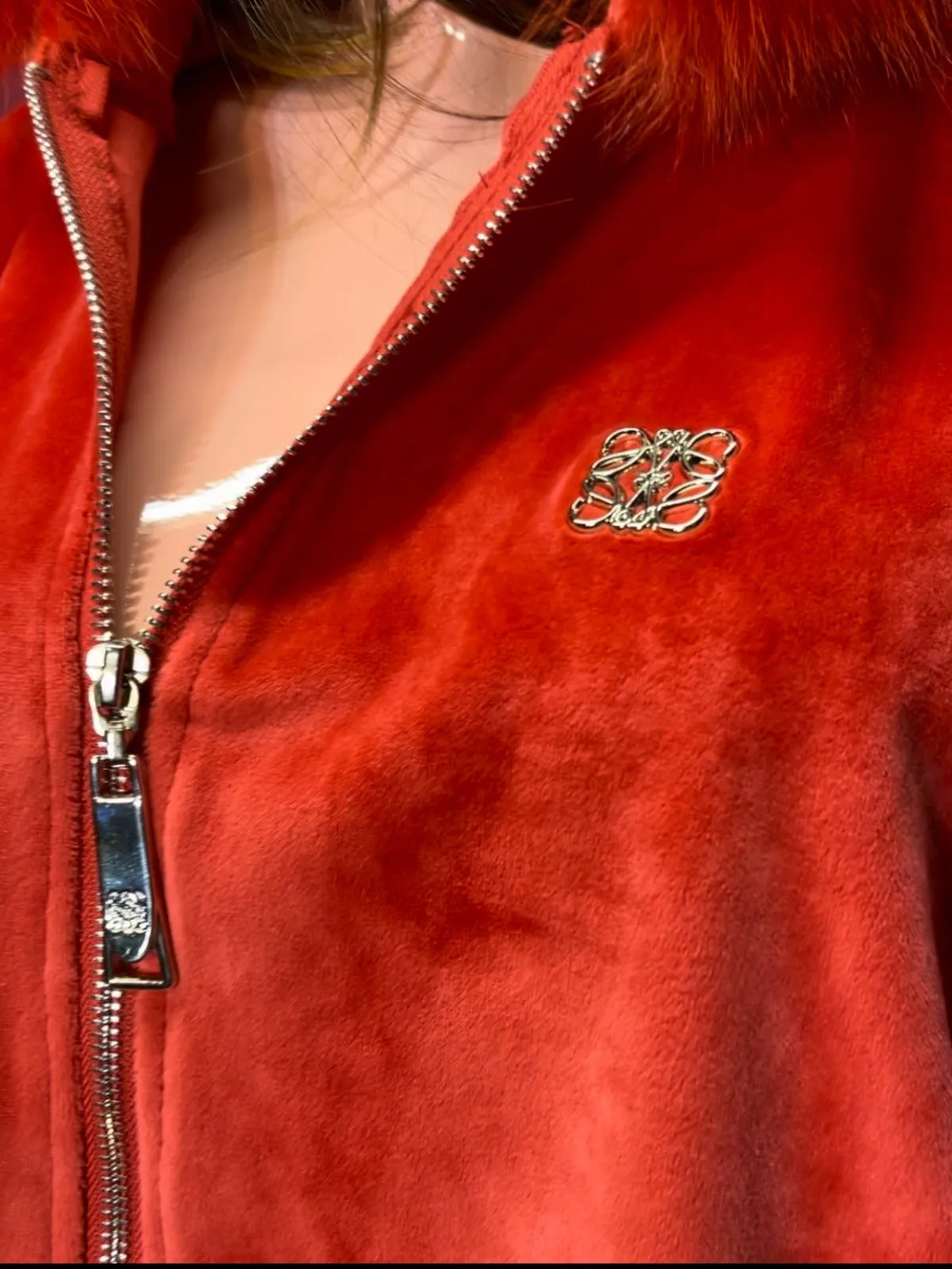 Women  Fashion Tracksuit Red royal velour with crystals and real fur on the hood. Top Quality Gorgeous Ladies 2 piece tracksuit.