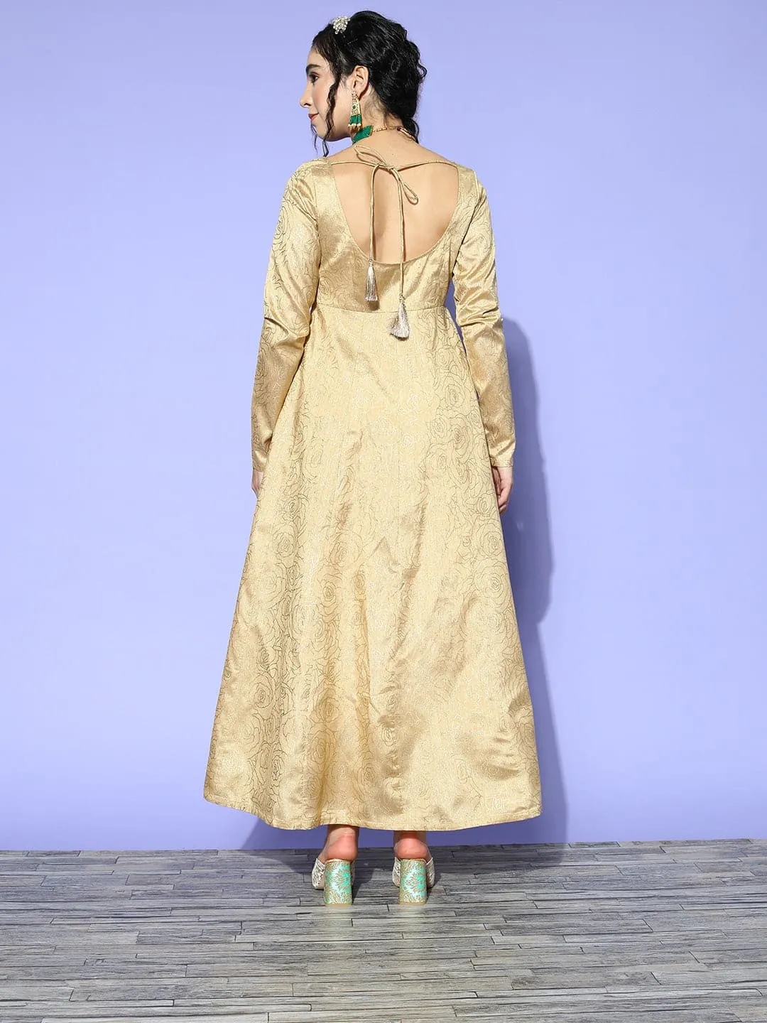 Women Gold Chanderi Foil Anarkali Maxi Dress