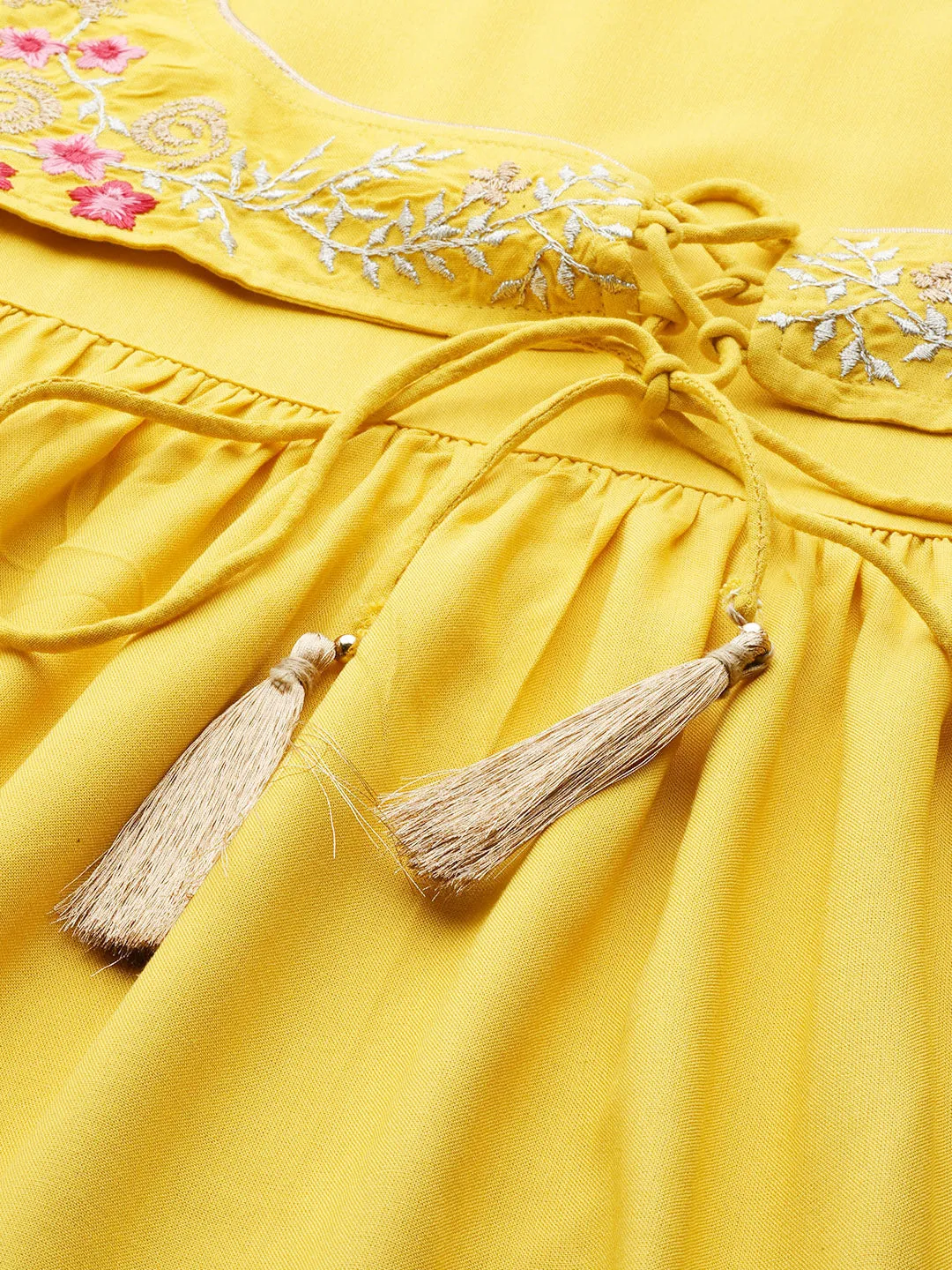 Women Yellow Zari Embroidered Liva Dress With Jacket