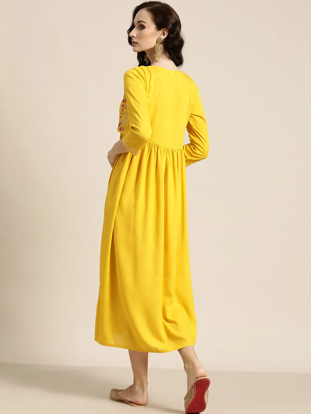 Women Yellow Zari Embroidered Liva Dress With Jacket